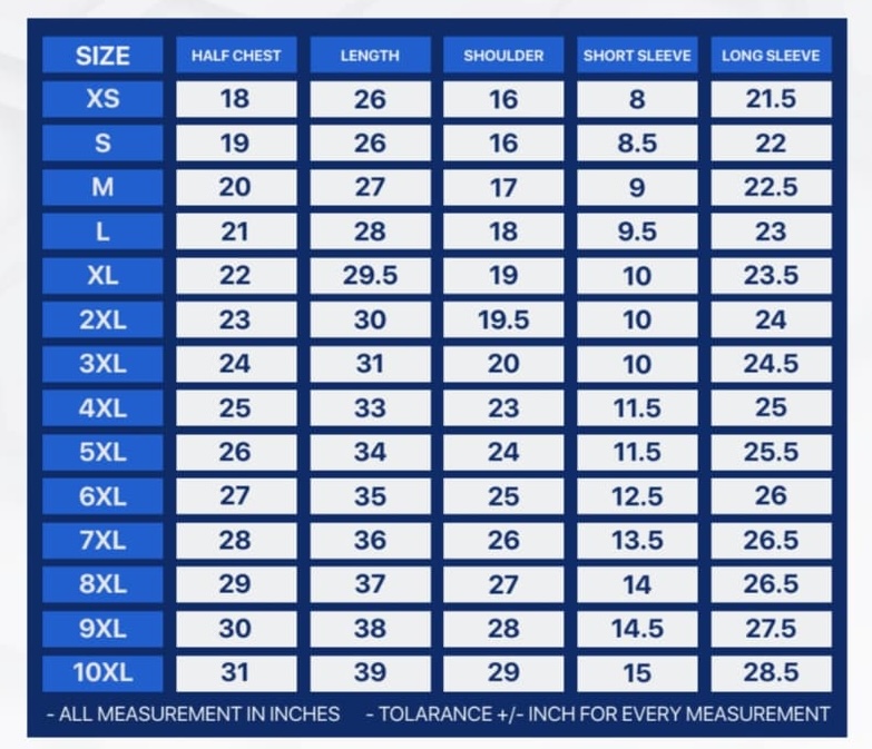 MAGNET 2026 jersey size chart, adult sizes XS to 10XL