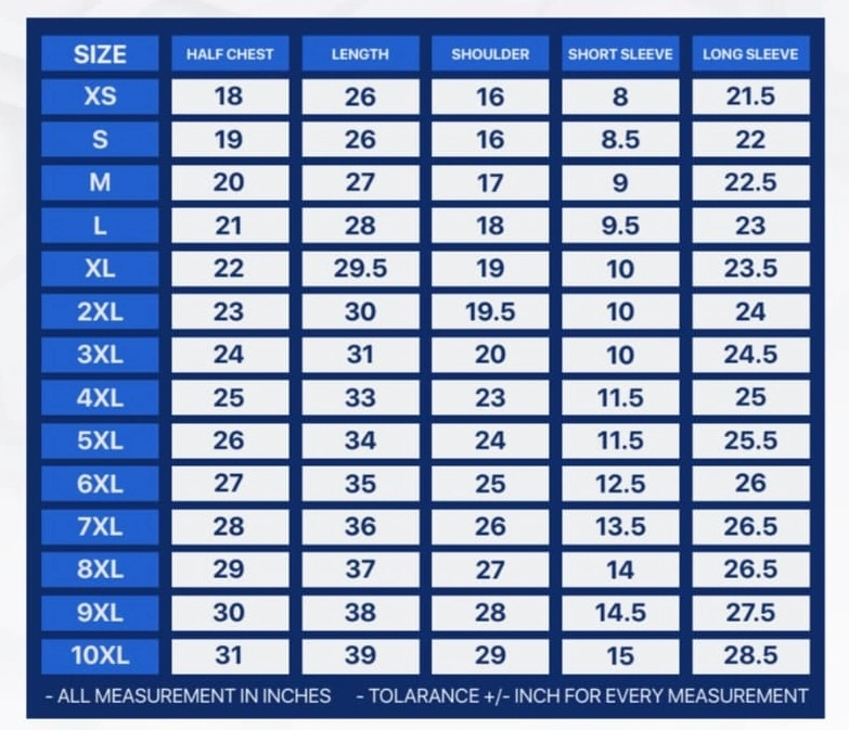 MAGNET 2026 jersey size chart, adult sizes XS to 10XL